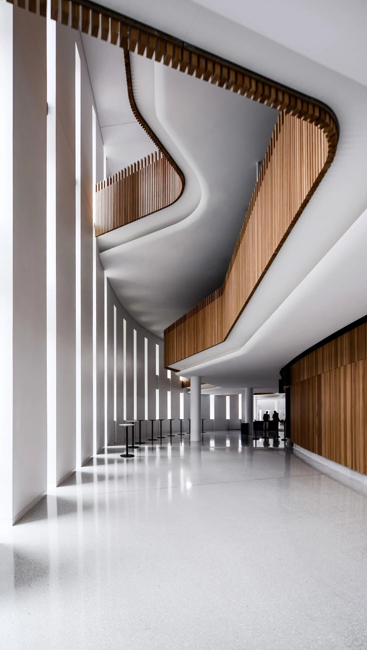 Modern architectural interior with curved wooden ceiling design