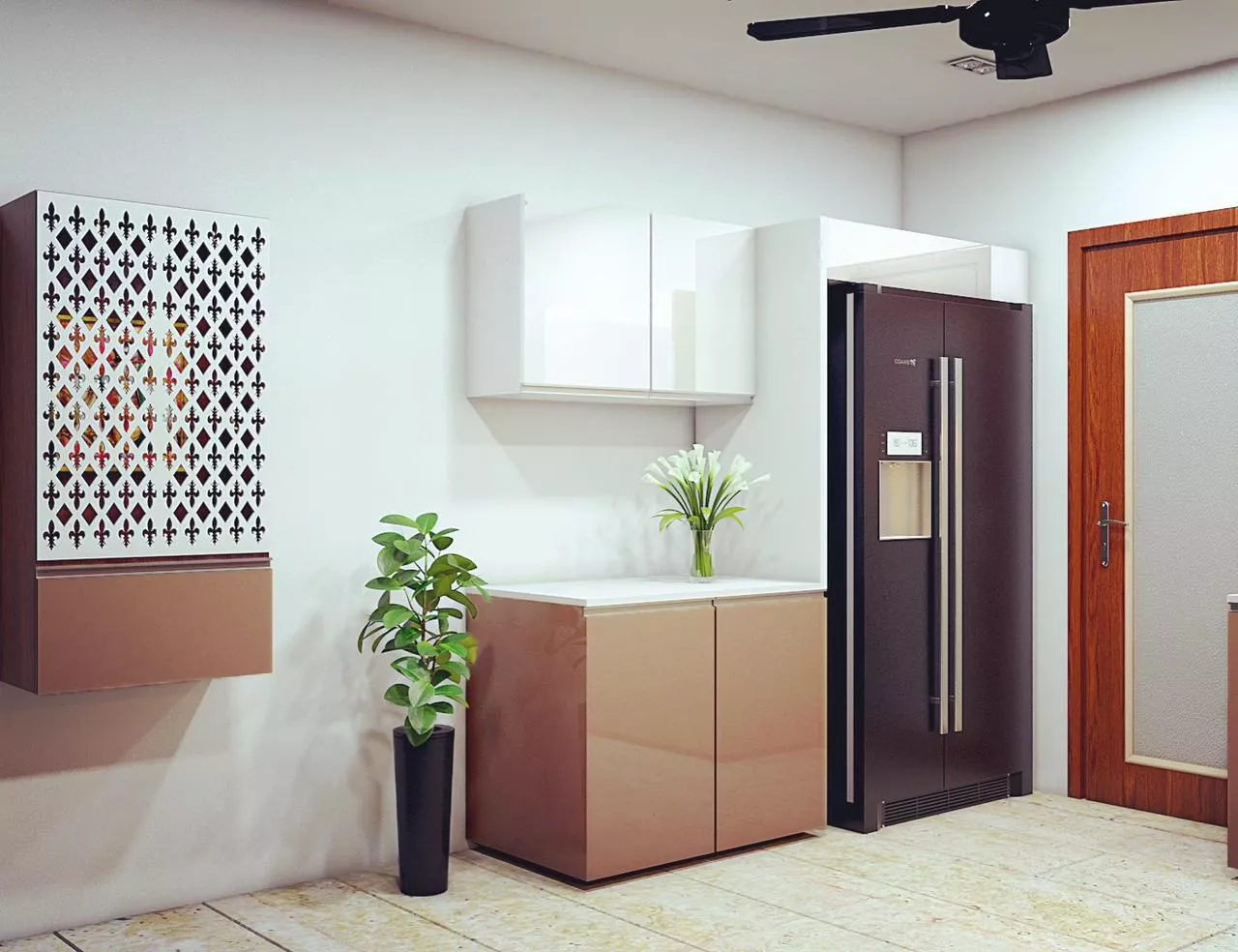 Modern kitchen corner featuring sleek wall-mounted cabinets, a storage unit, indoor plants, and a side-by-side refrigerator in a contemporary home interior by a construction company in coimbatore.