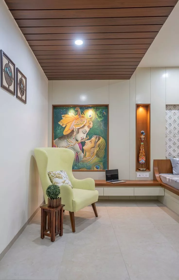 Elegant modern living room interior with wooden ceiling design by Top Architects in Palakkad